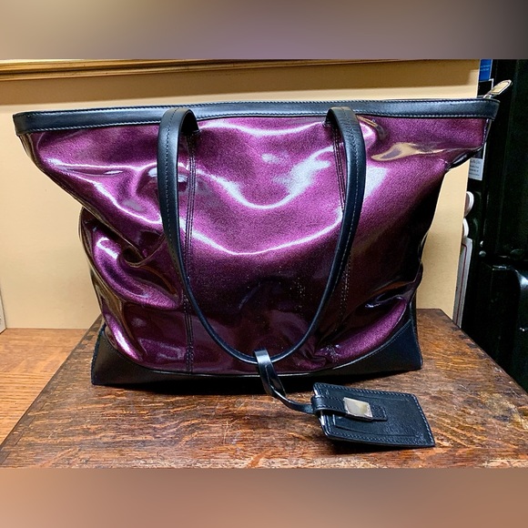 LODIS Black Leather Purple Aluminum Flash Laptop Tote Overnight Handbag Purse - Picture 15 of 16